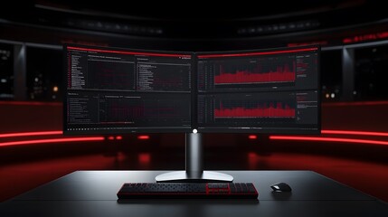 A sleek, modern dual-monitor setup displays complex data graphs and code. Red ambient lighting enhances the futuristic tech aesthetic.  A red keyboard and mouse complete the scene.