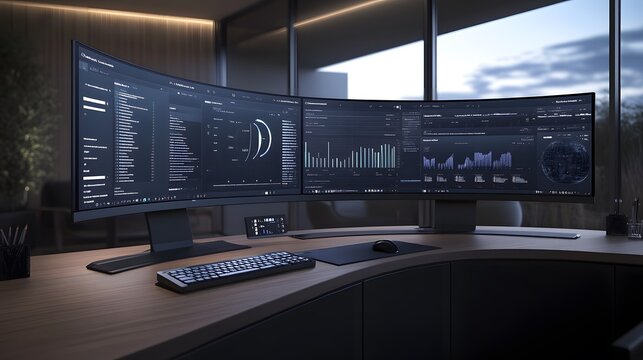 Modern workspace with three curved monitors displaying data analytics dashboards. Keyboard and mouse on a sleek wooden desk. Evening ambiance with city view. - Powered by Adobe