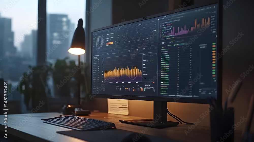 Poster a modern workspace at night, featuring a large monitor displaying complex financial data, illuminate