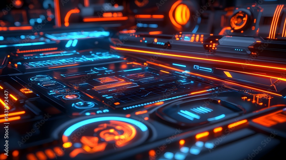 Poster close-up of a futuristic digital interface with glowing blue and orange lines, displaying intricate 