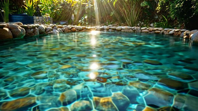 clear pool with underwater stones, sunlight filtering through, serene and peaceful atmosphere, perfect for illustrating tropical getaways