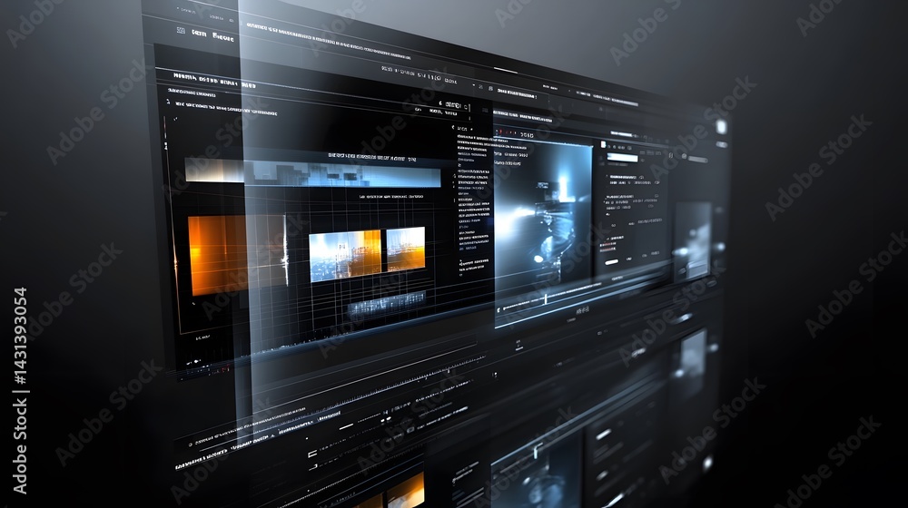 Poster futuristic digital interface with multiple screens displaying data streams, graphs, and images. slee