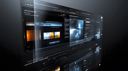Futuristic digital interface with multiple screens displaying data streams, graphs, and images. Sleek dark design with glowing blue and orange accents. Perfect for tech, AI, or sci-fi concepts.
