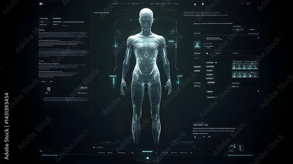 Poster wireframe model of a female body displayed on a futuristic, dark interface. detailed anatomical stru