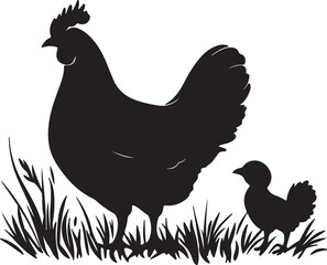 Black vector silhouette of a hen and chick on a white background