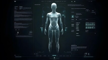 Wireframe model of a female body displayed on a futuristic, dark interface.  Detailed anatomical structure is visible against a tech background.