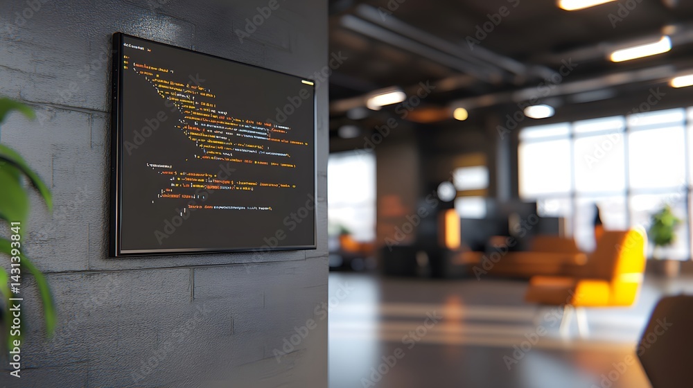 Poster a modern office space with a screen displaying lines of code on a wall. the background is blurred, s