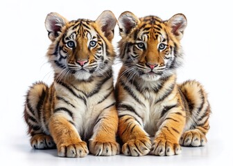 Adorable Tiger Cubs Panoramic: Two Cute Baby Tigers Sitting Together on White