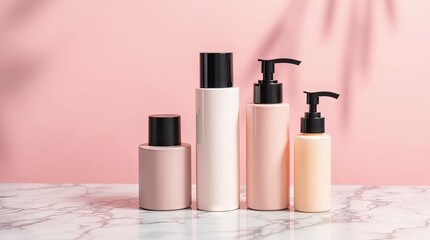 Skincare products display against pink background