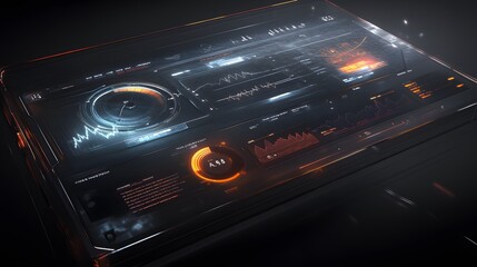Futuristic transparent digital interface displaying various graphs, charts, and data metrics.