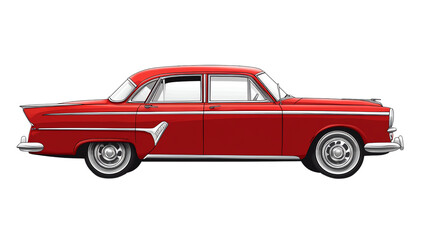 Classic red car, side view, white isolate background.