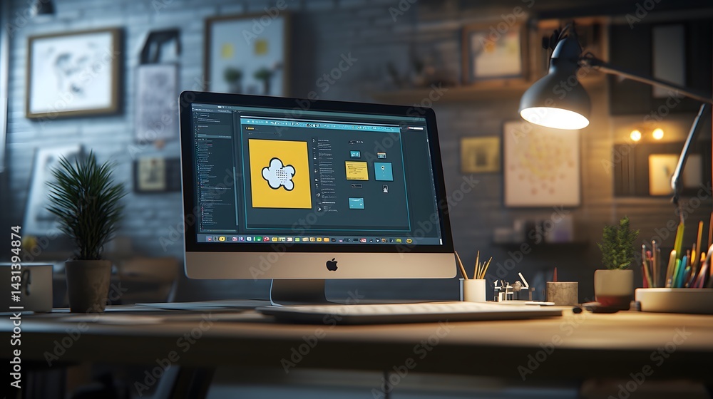 Aufkleber a modern workspace featuring an imac displaying graphic design software, illuminated by a desk lamp.