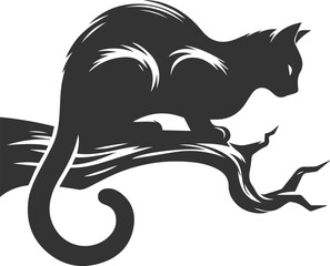 Cat with tree branch vector silhouette