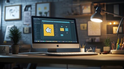 A modern workspace featuring an iMac displaying graphic design software, illuminated by a desk lamp.  Plants and art add a cozy touch to the scene. The overall mood is creative and productive.