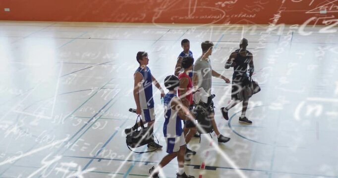 Basketball team walking off court, exchanging high-fives with coach amid animated math sketches
