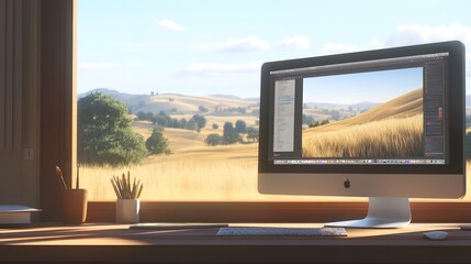 Fototapeta premium A sunlit workspace features an iMac displaying a landscape image.