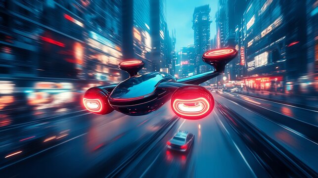 Futuristic flying vehicle in urban environment.