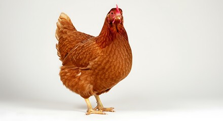 Fototapeta premium Portrait of a Brown Hen Standing on a Clean White Background, Captivating Gaze