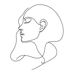 Minimalist one-line drawing of a graceful female profile with flowing hair on a transparent background, created in an elegant continuous line style