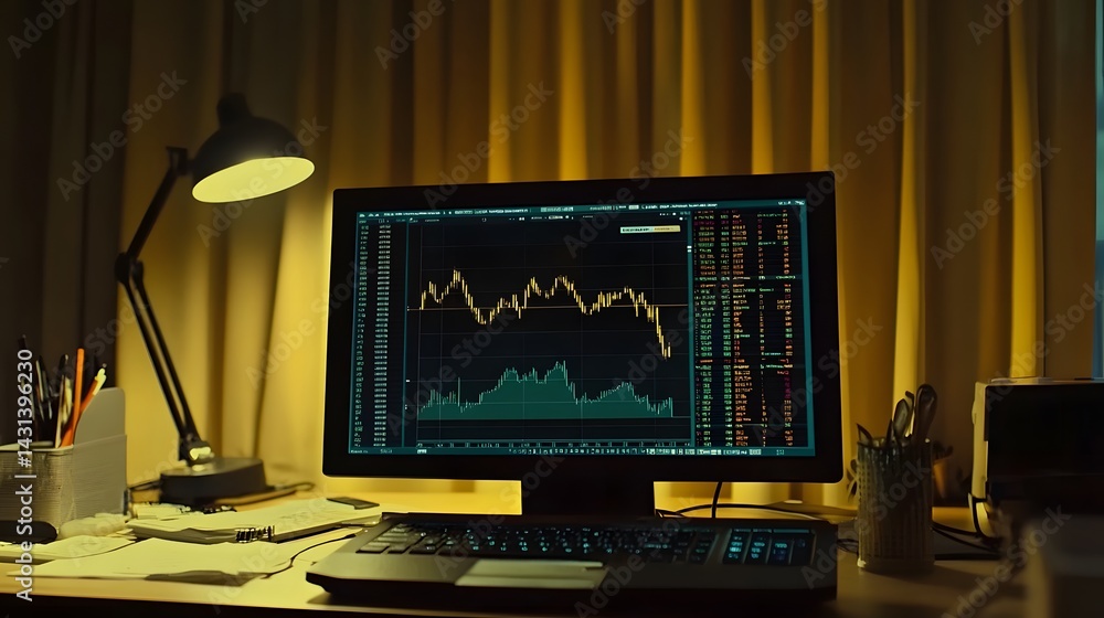 Poster a computer screen displays stock market data at night, illuminated by a desk lamp. the workspace is 