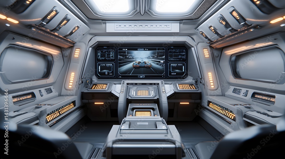 Poster futuristic spaceship interior with sleek white design, orange accent lighting, and a large central m
