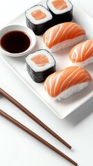 Delicious sushi platter with salmon and rolls.