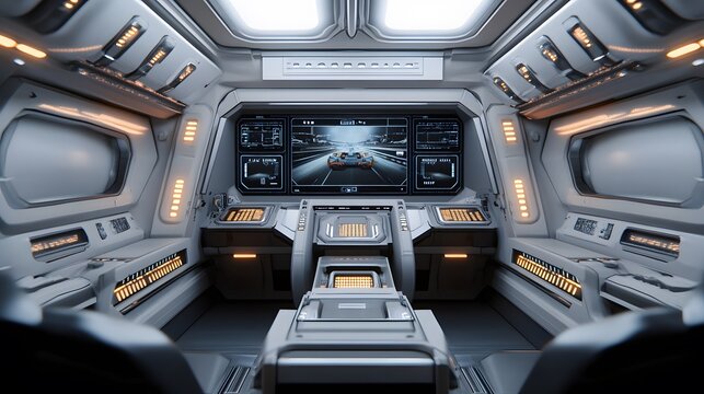 Futuristic spaceship interior with sleek white design, orange accent lighting, and a large central monitor displaying a racing scene.  The console features numerous buttons and controls. 