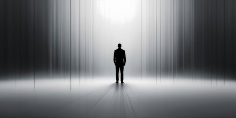A lone black figure stands in the distant amid vast white space with a gray gradient, evoking isolation and emotional tension