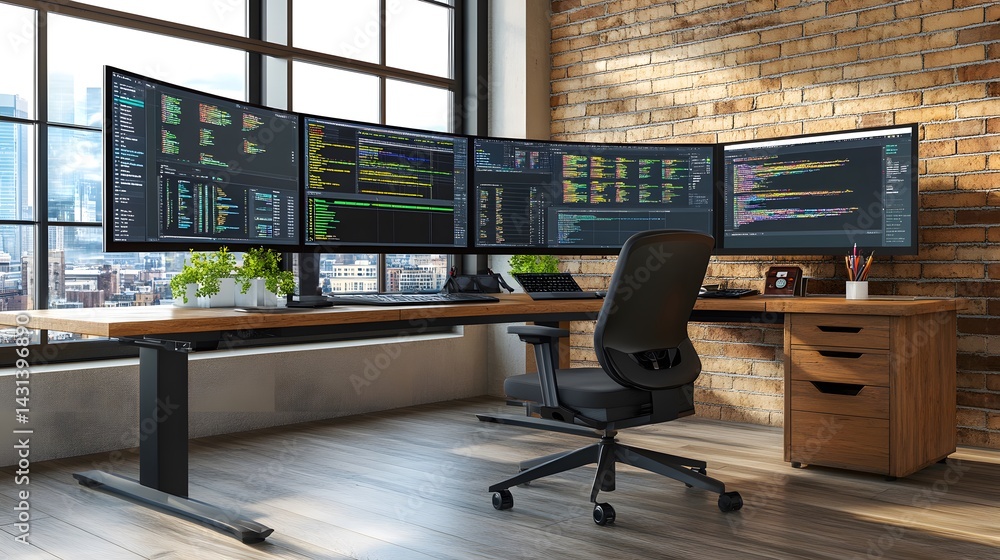 Poster modern programmer's workspace with four large monitors displaying code, ergonomic chair, standing de