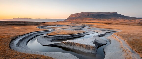 Dried Riverbed, Sunrise Over Mountains