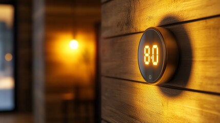 Modern smart thermostat on wooden wall.