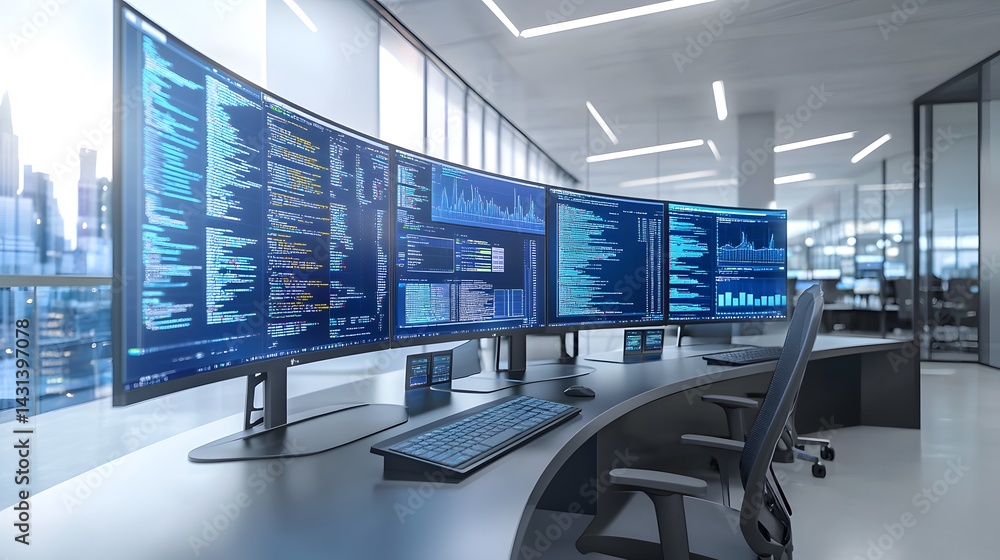Aufkleber modern workplace with curved monitors displaying code and data. a sleek desk and ergonomic chair com