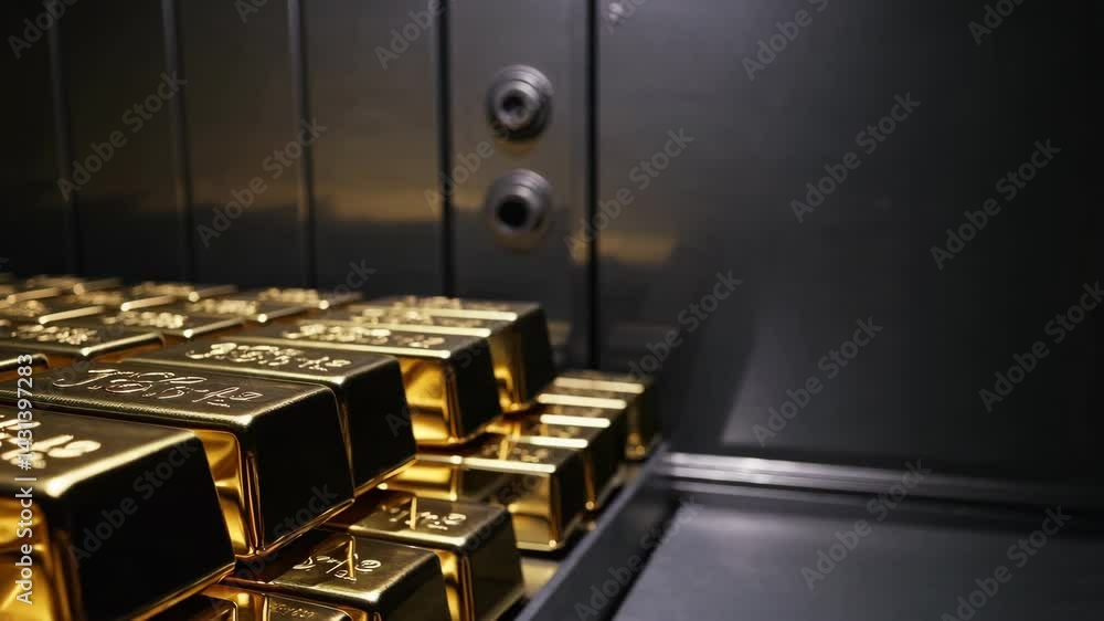 Poster close-up of gold bars in a secure vault with reflections and light