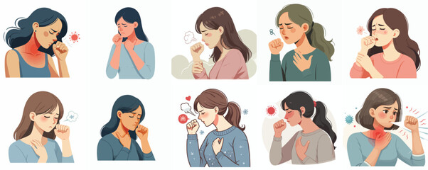 Sick Women Coughing: Illness Symptom Illustrations Set
