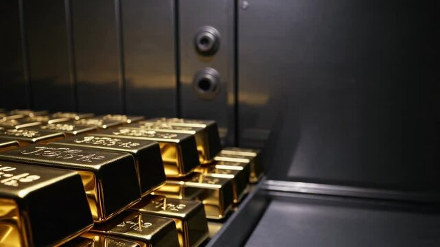 Close-Up of Gold Bars in a Secure Vault with Reflections and Light