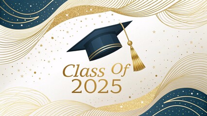 Elegant Class of 2025 Graduation Cap With Gold Waves and Stars on White Background