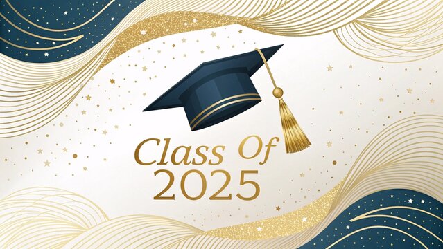 Elegant Class of 2025 Graduation Cap With Gold Waves and Stars on White Background