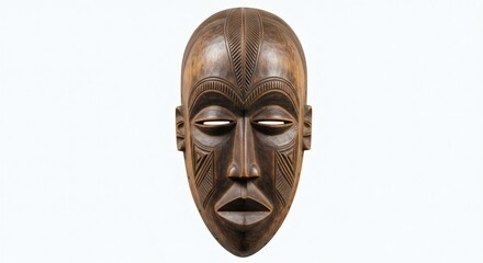 african tribal wooden mask with traditional carving isolated on white background. Generative AI