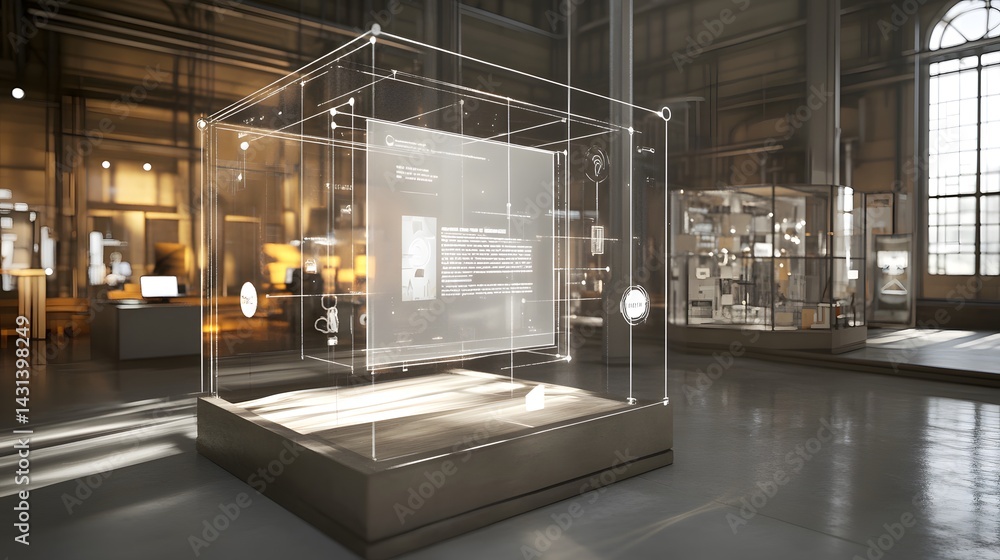 Poster a futuristic museum display showcases a transparent cube with holographic information, illuminating 