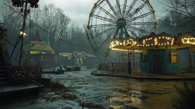 decayed amusement park with broken rides, eerie and haunting atmosphere, abandoned and nostalgic, sharp and detailed focus