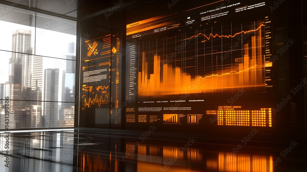 Poster modern office with large screens displaying dynamic orange data visualizations and charts, overlooki