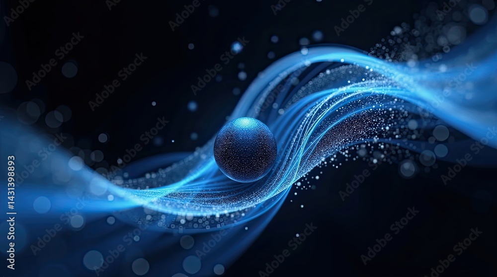 Poster abstract digital design featuring a dark sphere and glowing lines.