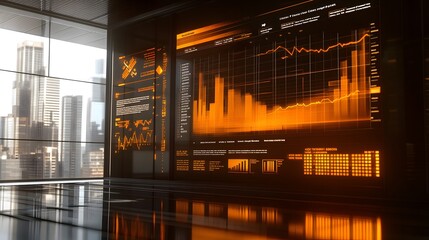 Modern office with large screens displaying dynamic orange data visualizations and charts, overlooking a cityscape. Futuristic business technology concept.