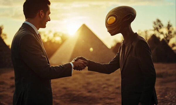 A Businessman and an Alien Shake Hands in Front of a Pyramid, in the Middle of the Desert. The Concept of Conspiracy, Union with Extraterrestrials, and Agreement