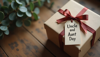 A gift box wrapped with a red ribbon and a tag reading "Uncle and Aunt Day" on a wooden surface with green leaves celebrates Uncle and Aunt Day, symbolizing love, family, and appreciation