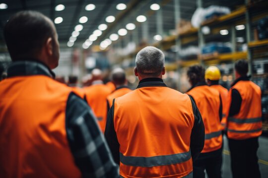 factory employees having a safety meeting in the factory