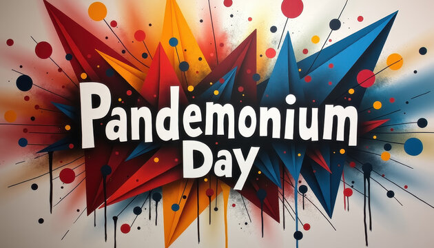 Vibrant abstract artwork with geometric shapes and splashes of color surrounds bold text "Pandemonium Day," symbolizing chaos, energy, and the celebration of unpredictability