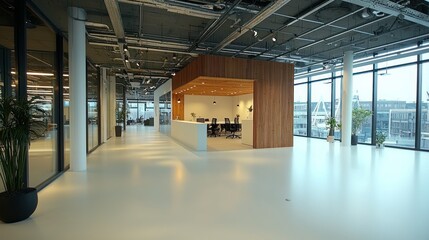 Modern open-plan office space with wooden paneling