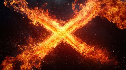 Fiery X-shaped flames against dark background; graphic design