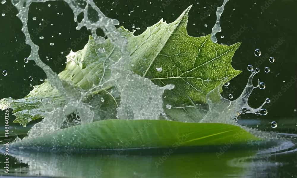 Poster a vibrant green leaf splashes into calm water, creating ripples and droplets in a serene setting